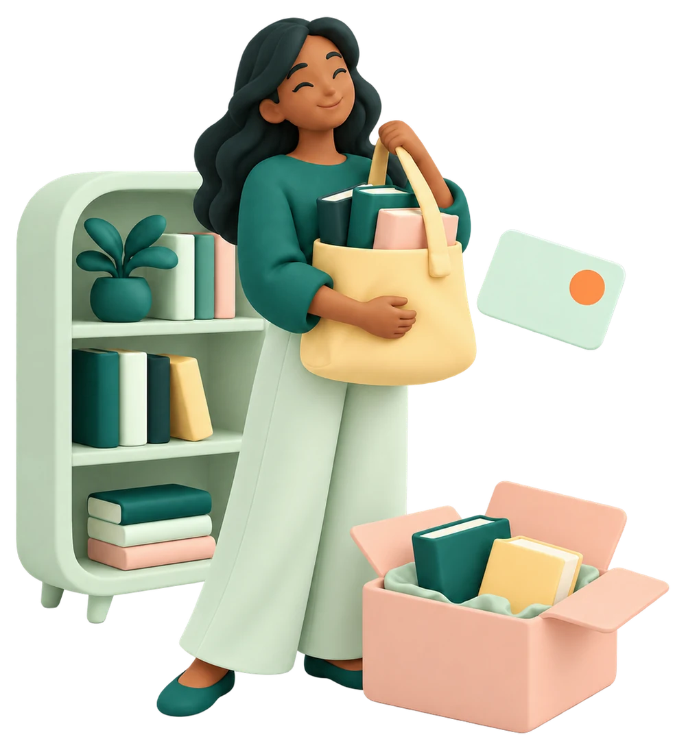 A smiling reader holding a tote bag full of books beside a bookshelf and an open box of books
